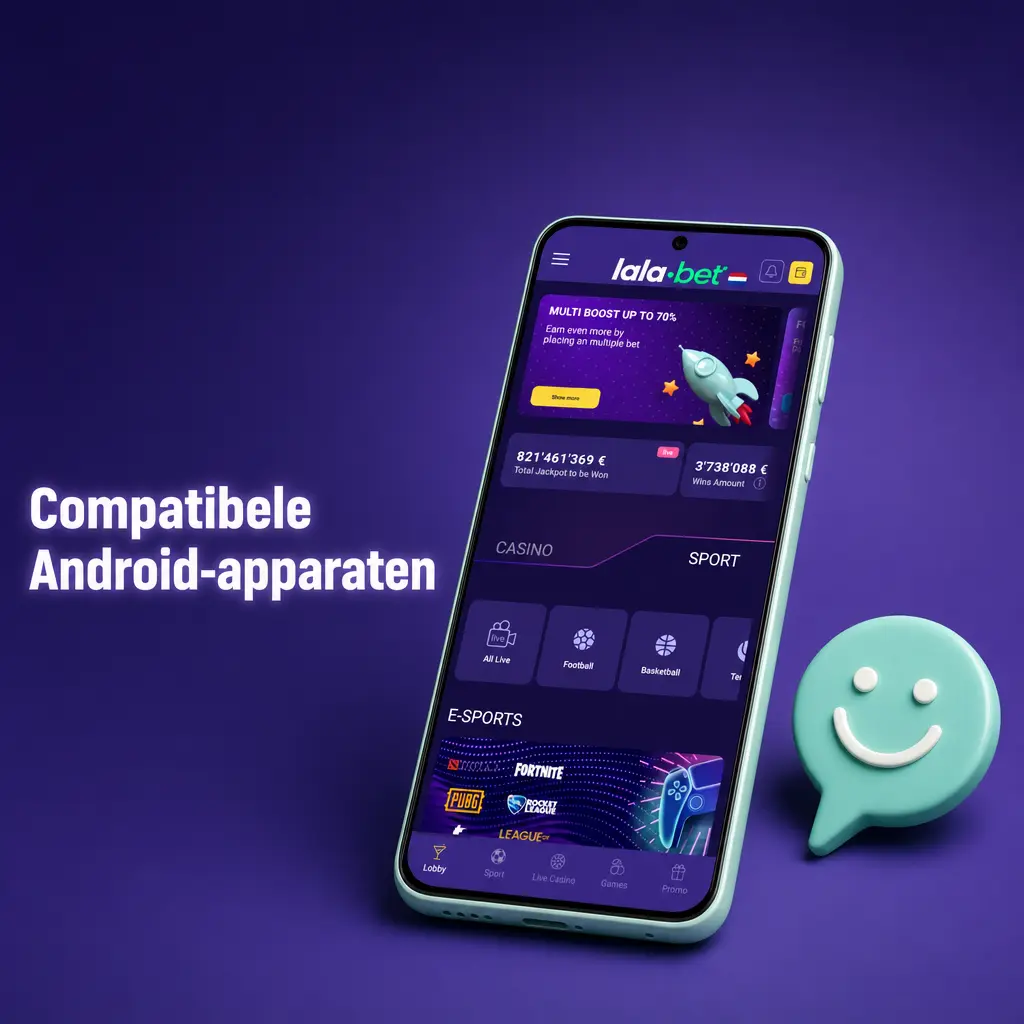 Overzicht van compatibele Android-apparaten voor de Lalabet app, waaronder Samsung, Google Pixel en Xiaomi modellen